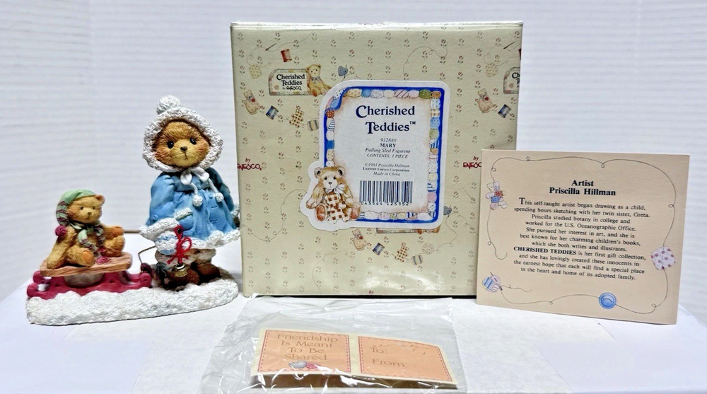 Cherished Teddies 912840- Mary Pulling Sled 1993 Enesco w Box Retired Vintage